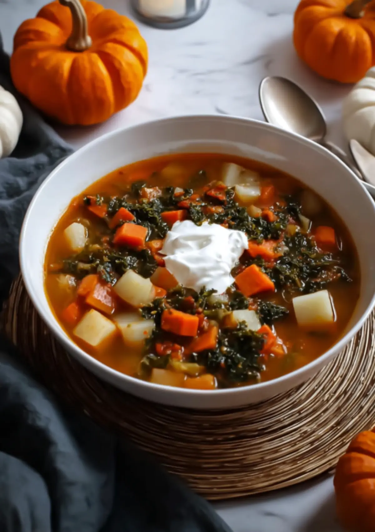 Soup on woven mat with pumpkins
