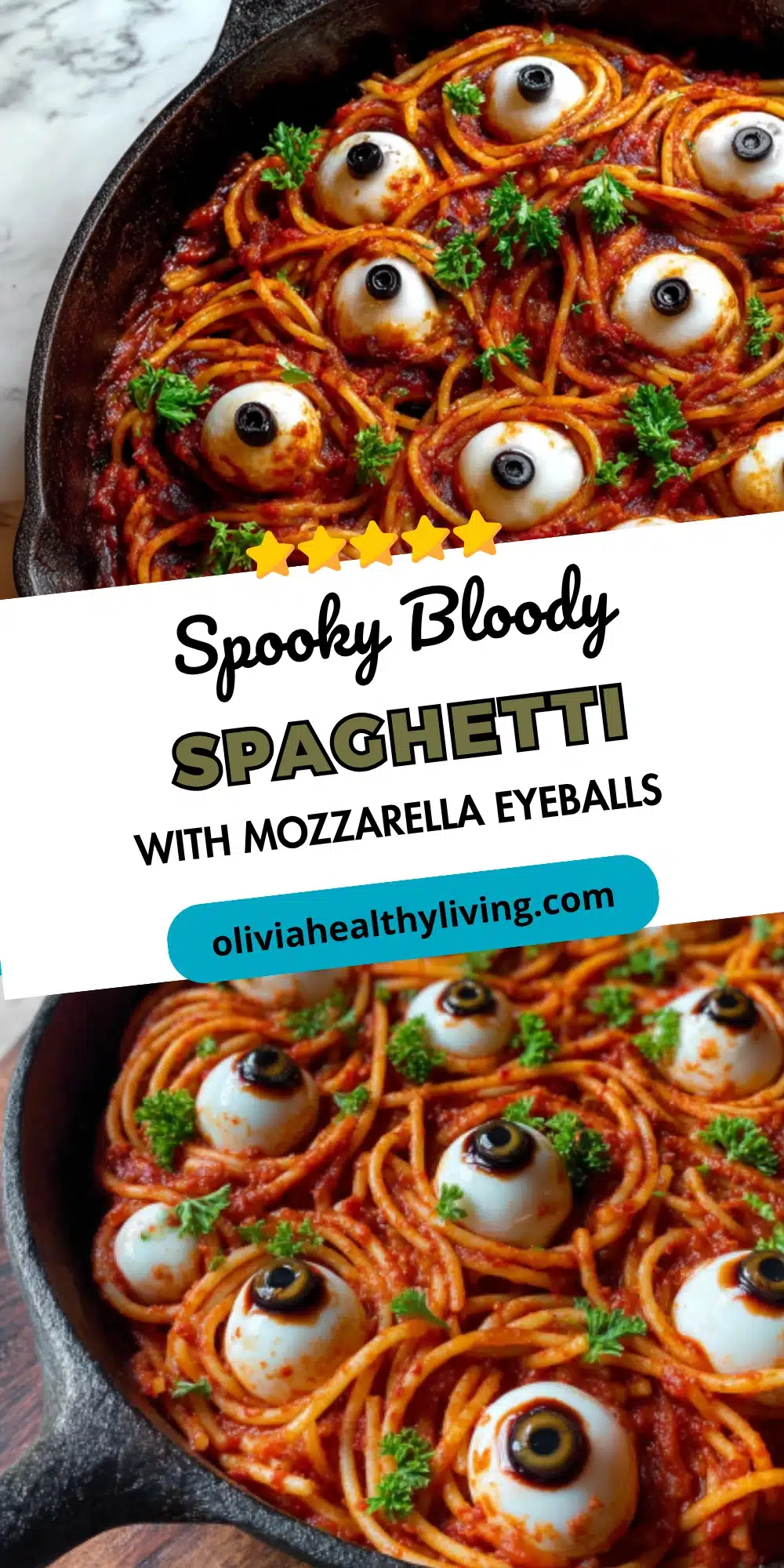 Spooky bloody spaghetti with mozzarella eyeballs in cast iron skillet