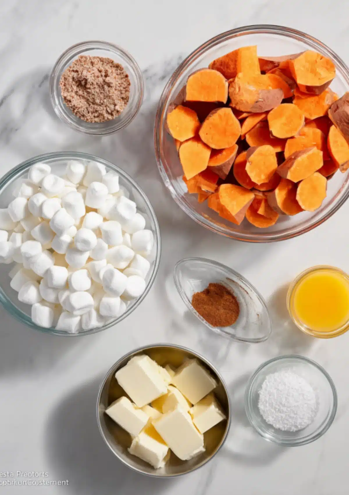 Sweet potato casserole ingredients in glass bowls