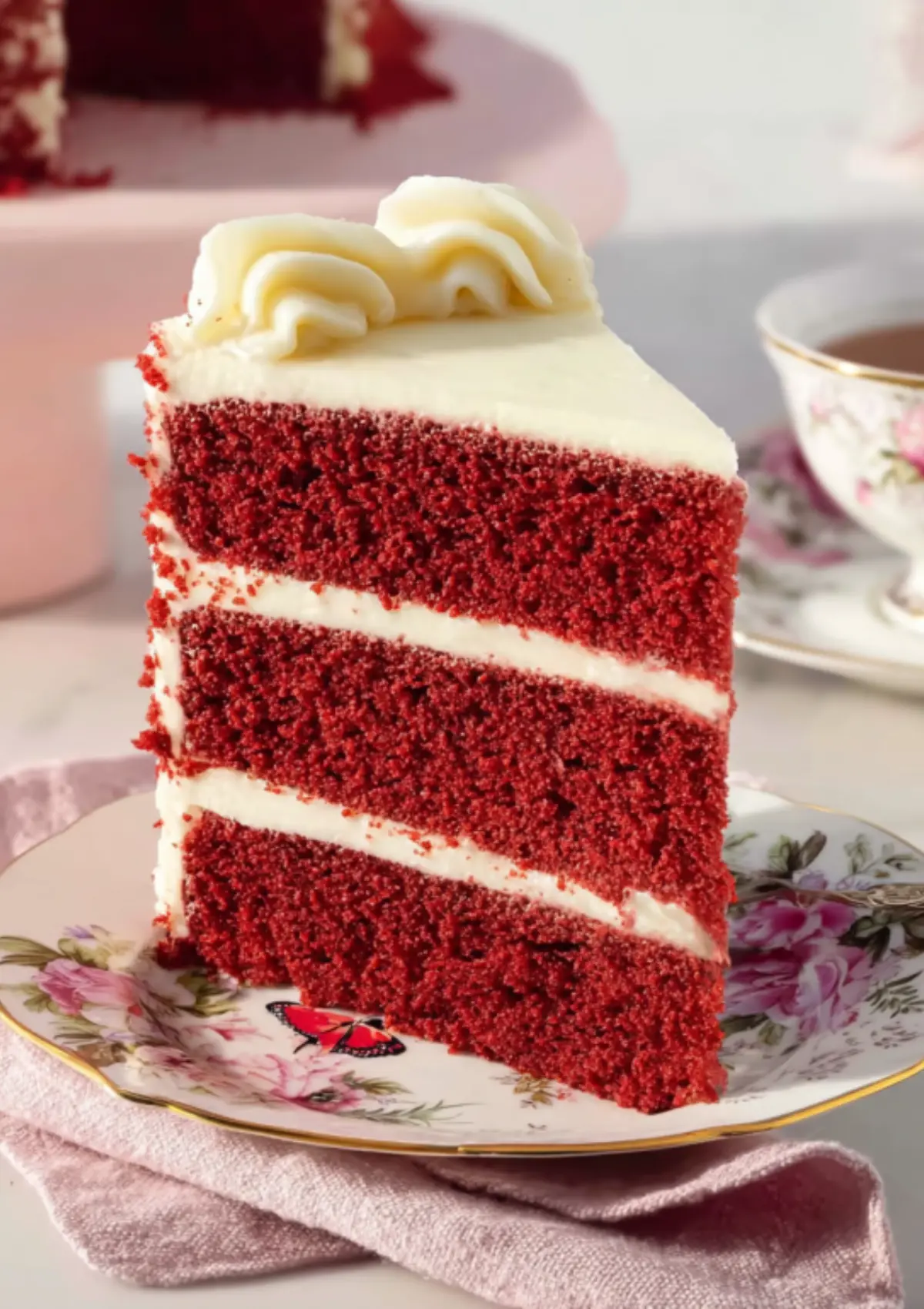 Tall slice of four-layer red velvet cake on floral plate