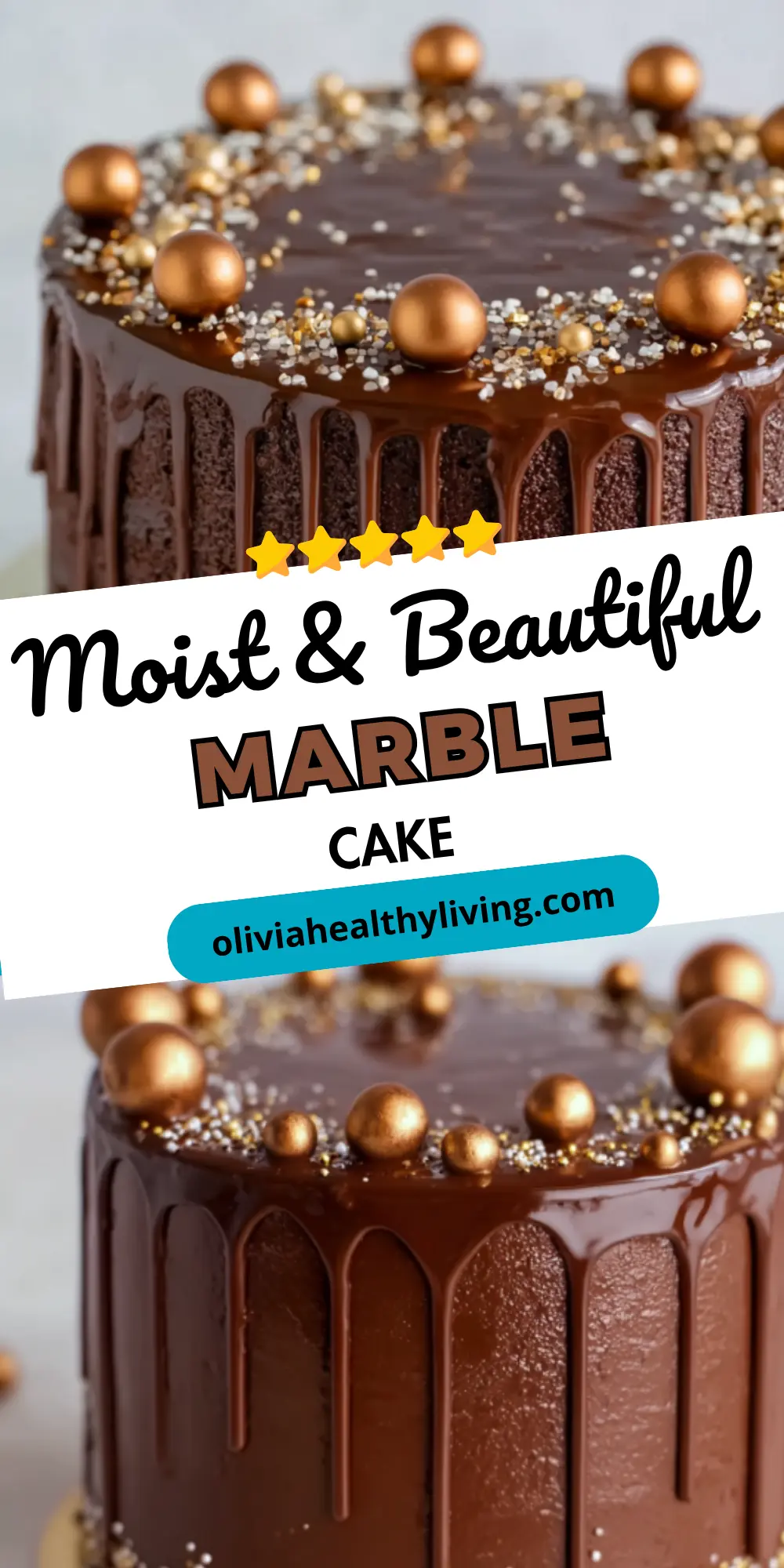 Two-tier chocolate marble cake with gold decorations