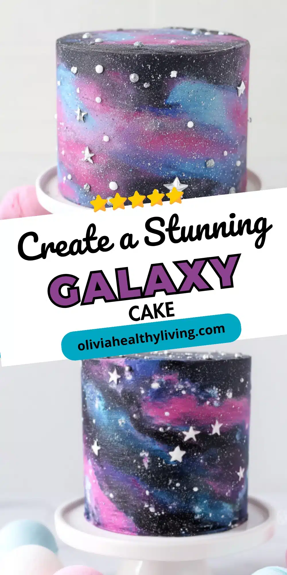 Two views of galaxy cake with five gold stars and tutorial text overlay