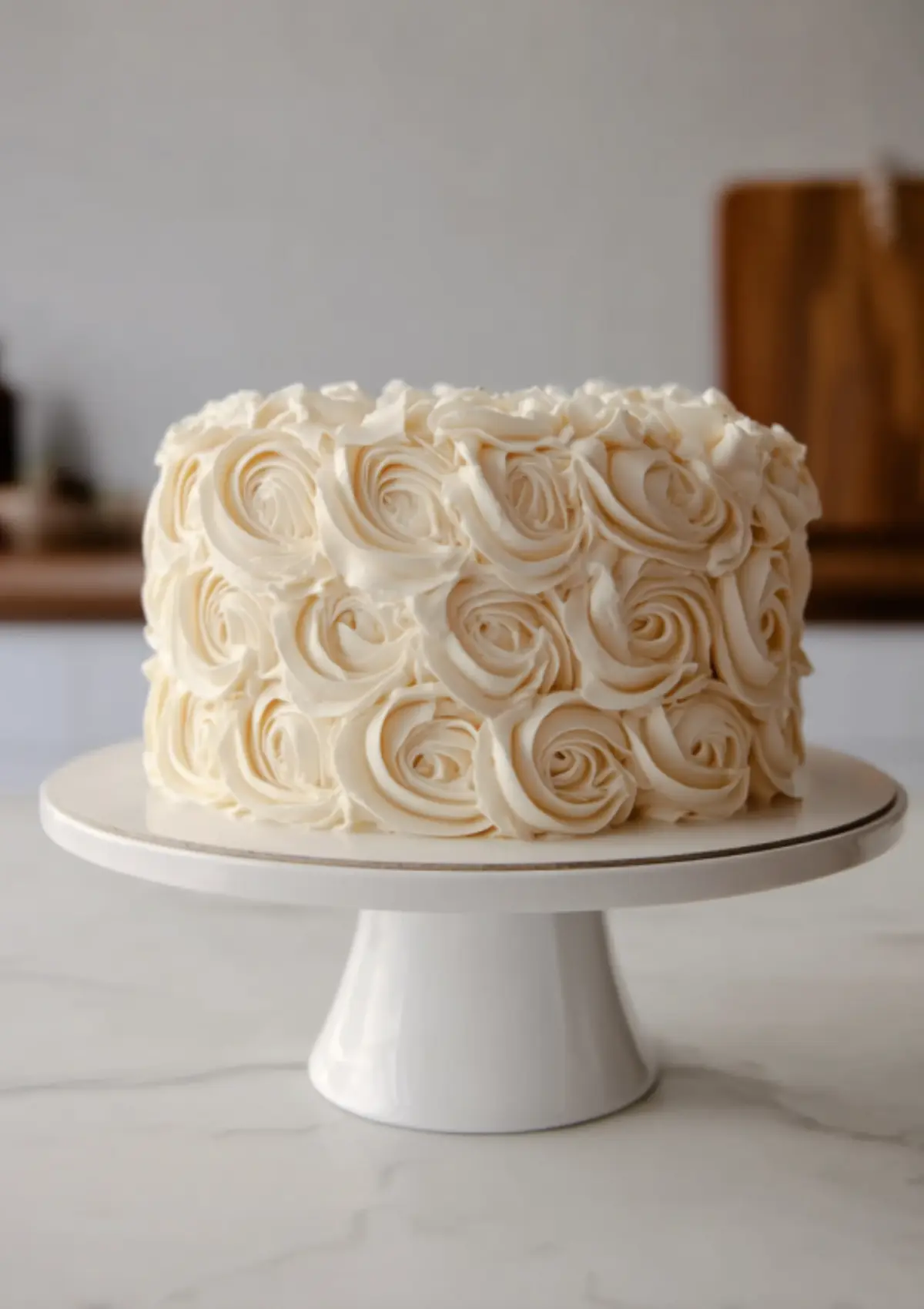 White buttercream rosette cake on a cake stand