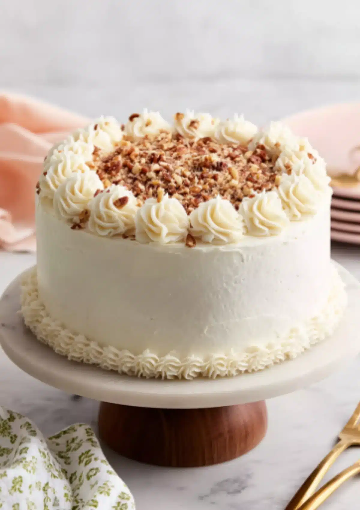 Whole carrot cake with piped cream cheese frosting border and chopped nuts