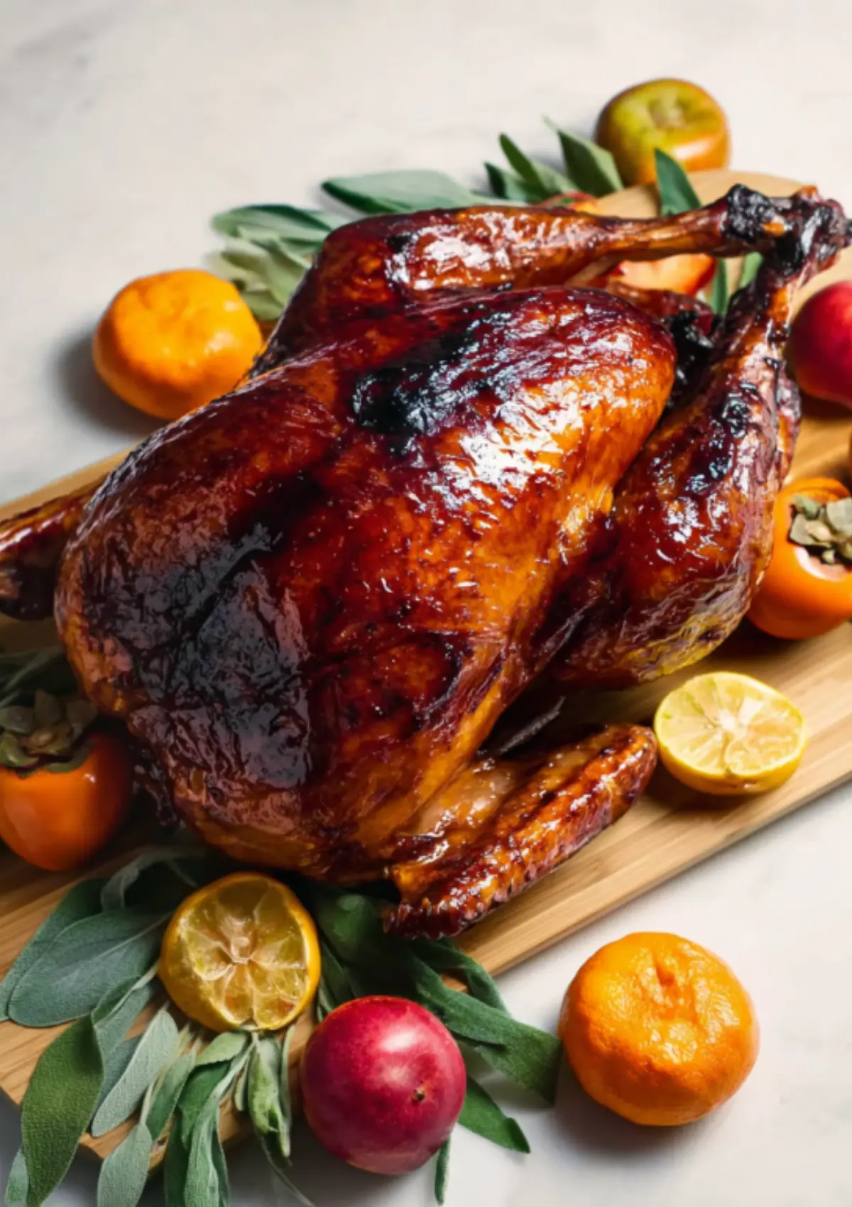 Whole glazed roasted chicken with citrus fruits