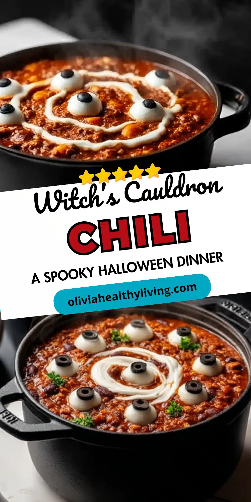 Witch's cauldron chili in cast iron pot with eyeball garnishes and sour cream swirl