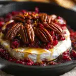 Baked brie with honey drizzle and cranberry pecan topping