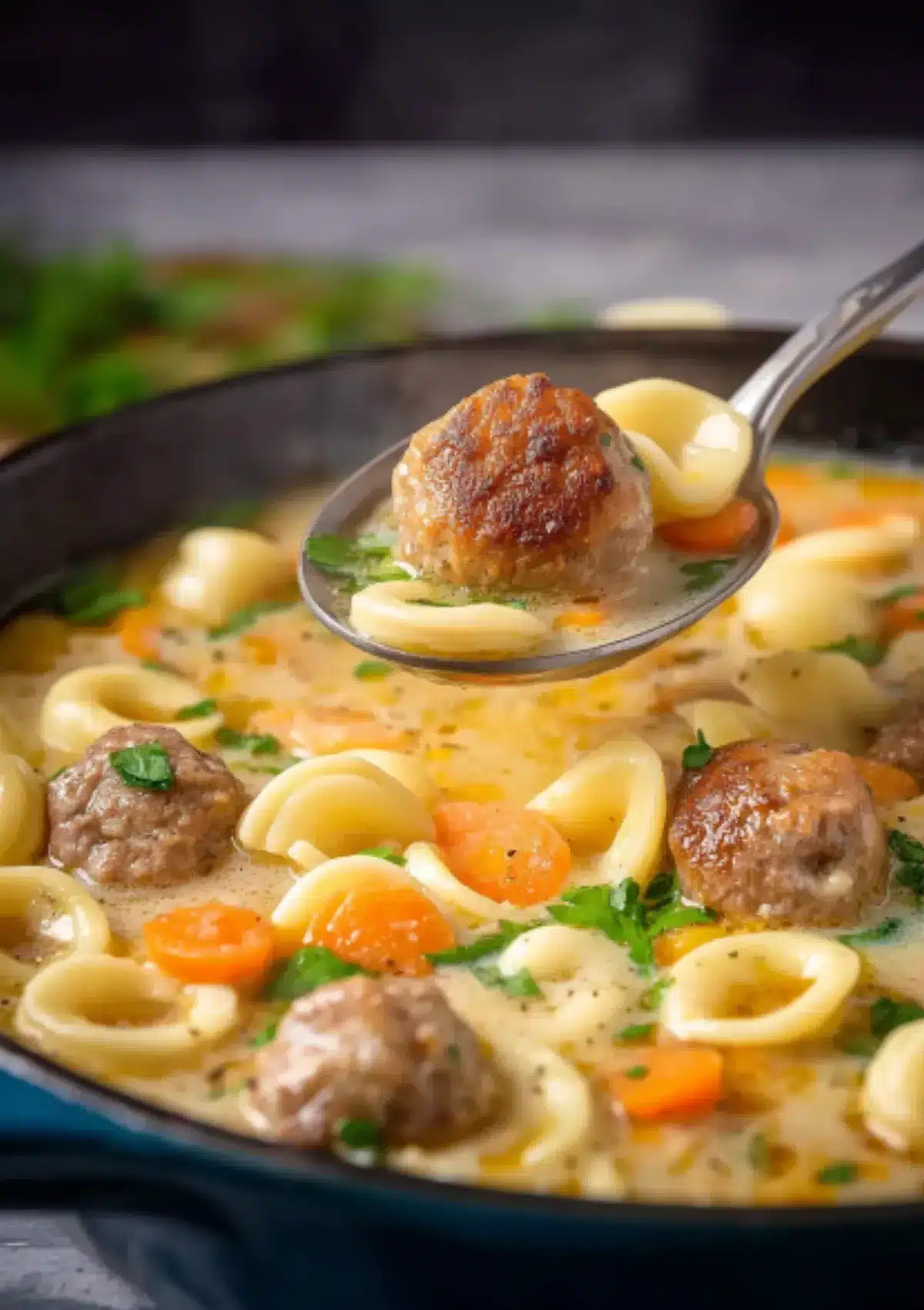 Close-up of silver spoon holding a golden-brown Swedish meatball with orecchiette pasta in creamy soup with visible carrots and parsley in background
