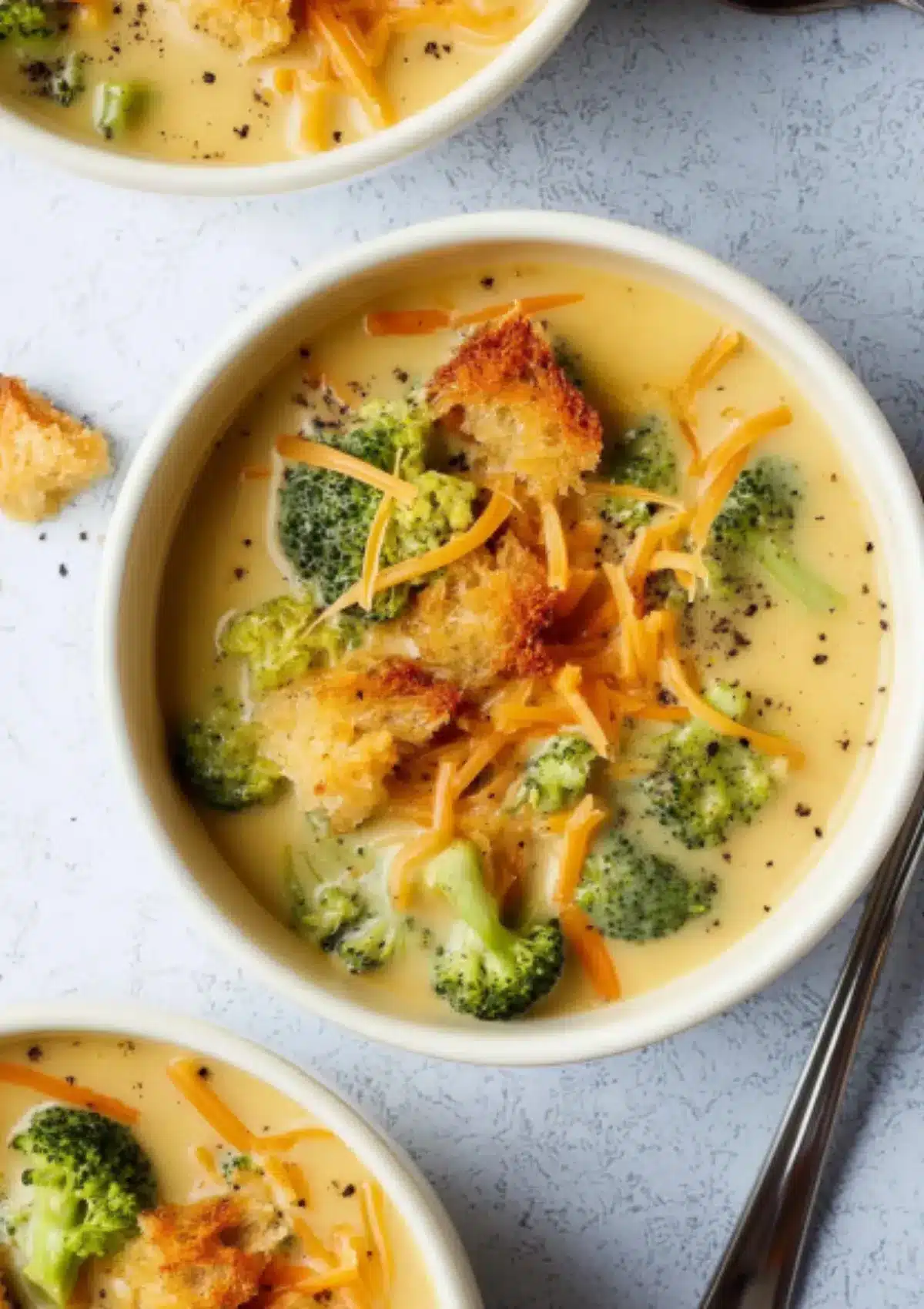 Overhead view of creamy golden broccoli cheddar soup in a stainless steel pot with wooden spoon, featuring vibrant green broccoli florets and julienned orange carrots in rich cheese sauce