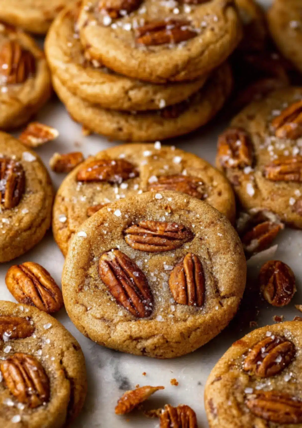 Brown butter pecan cookies with flaky sea salt on parchment paper