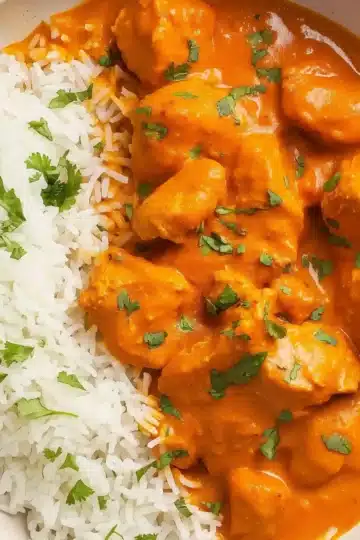 Professional food photography of slow cooker butter chicken and rice in ceramic bowl - glossy orange curry sauce with bite-sized chicken pieces topped with fresh cilantro