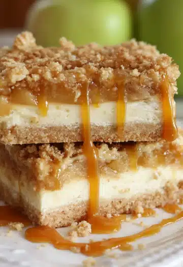 Caramel apple cheesecake bars with caramel drizzle