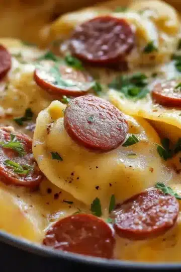 Closeup of one-pot pierogi casserole featuring soft pierogies and caramelized kielbasa slices in rich creamy cheddar sauce with fresh parsley in blue rimmed potRetry