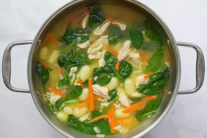 Top-down view of chicken and gnocchi soup in clear golden chicken broth with fresh spinach leaves, gnocchi, shredded chicken, and carrot strips before cream is added