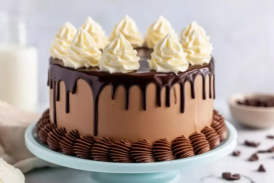 Chocolate cake covered in smooth frosting, decorated with dark chocolate drip and piped vanilla cream swirls, surrounded by chocolate chips and baking props.