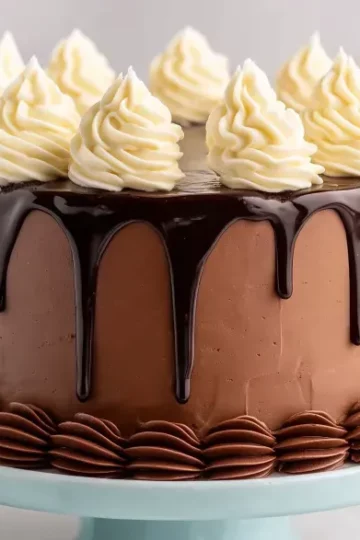 Chocolate layer cake with glossy dark chocolate drip and white cream swirls, placed on a blue cake stand with milk bottles in the background.