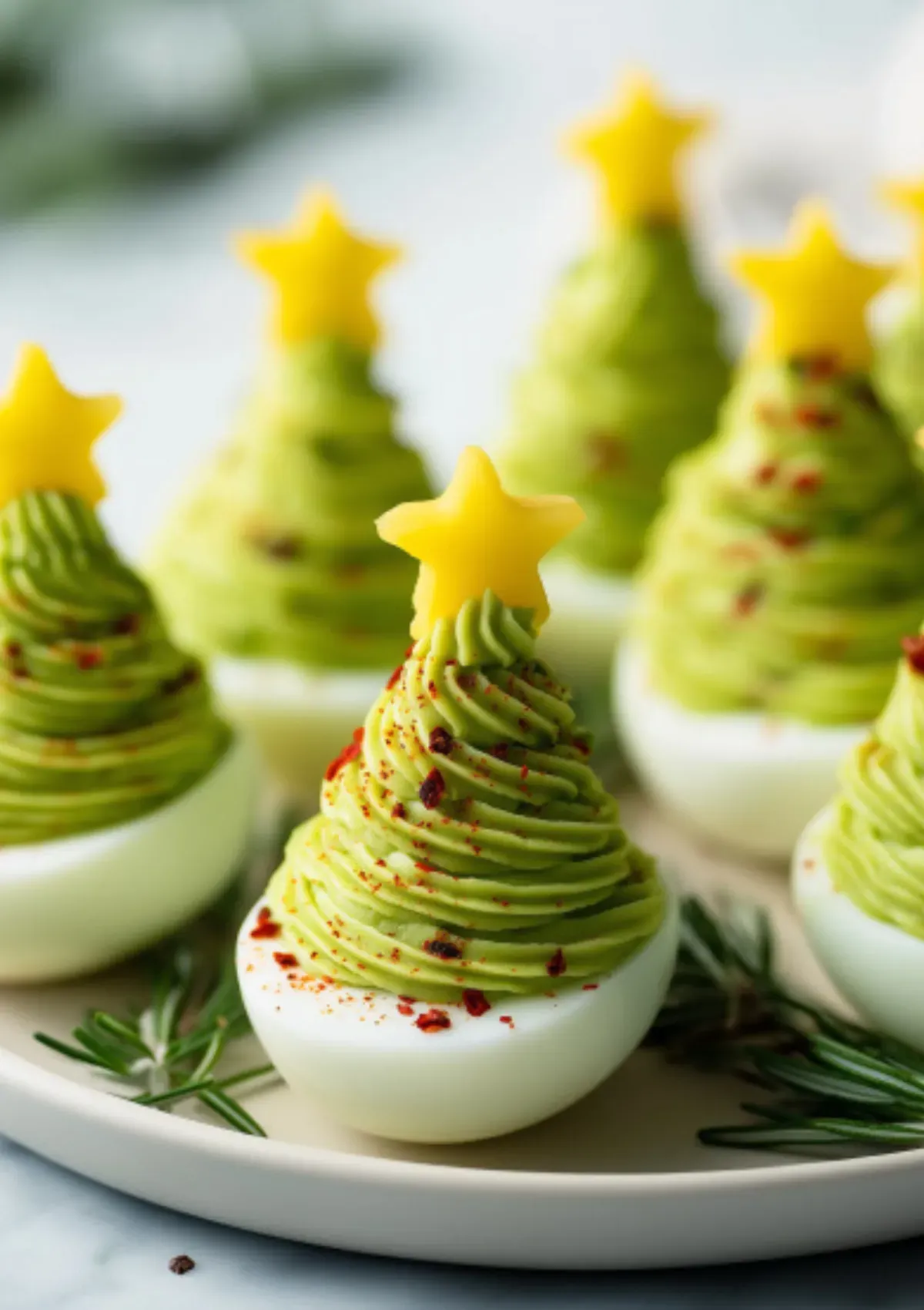 Festive Christmas tree deviled eggs with creamy green avocado filling piped in spiral pattern, topped with yellow bell pepper stars and garnished with fresh rosemary