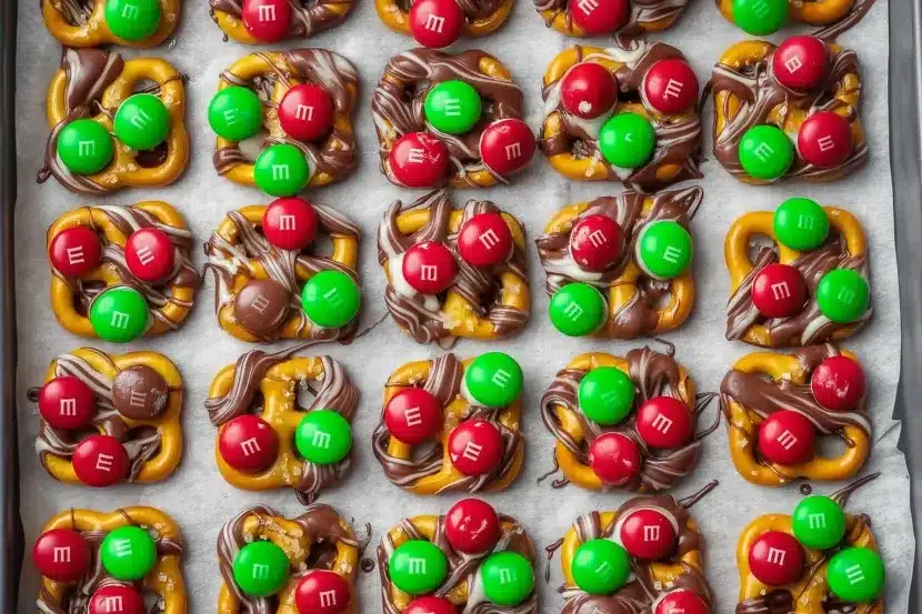 Overhead view of finished Christmas pretzels hugs arranged on parchment-lined baking sheet showing melted chocolate with red and green M&Ms pressed into each pretzel snap