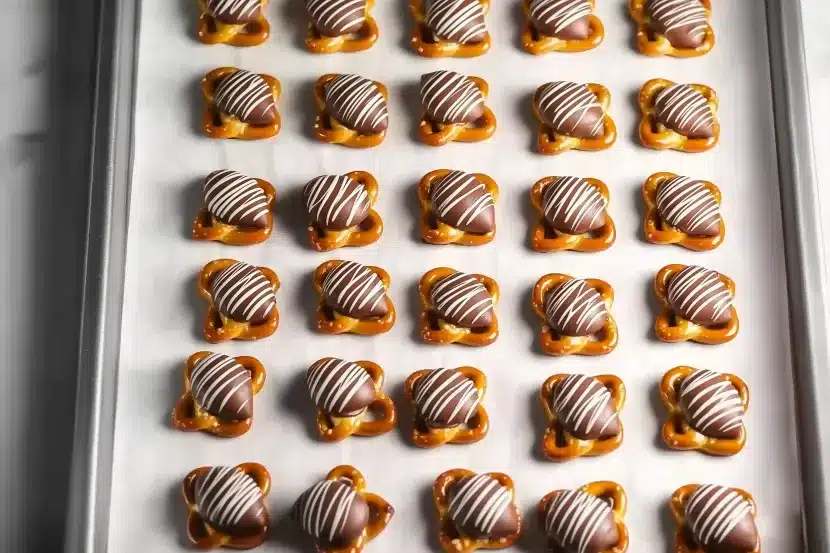 Overhead view of pretzels topped with melted Hershey's Hugs showing white and milk chocolate swirl pattern on baking sheet before adding M&M candies