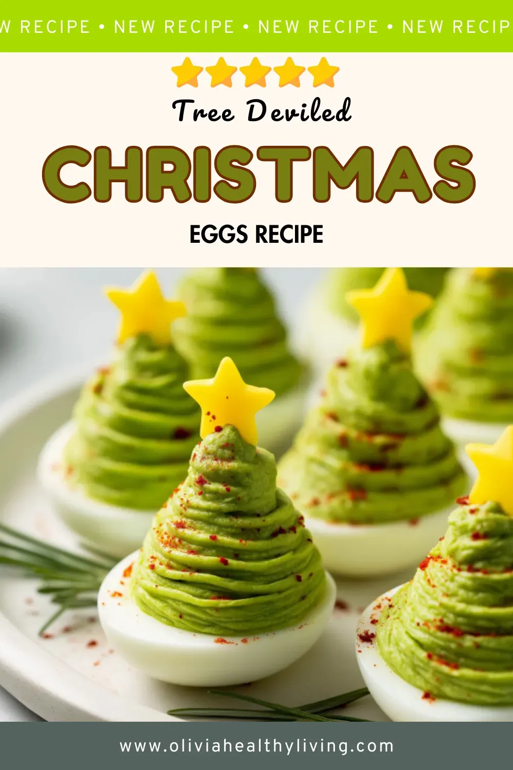 Green avocado deviled eggs piped into Christmas tree shapes topped with yellow bell pepper stars and red pepper flakes on white plate with rosemary garnish