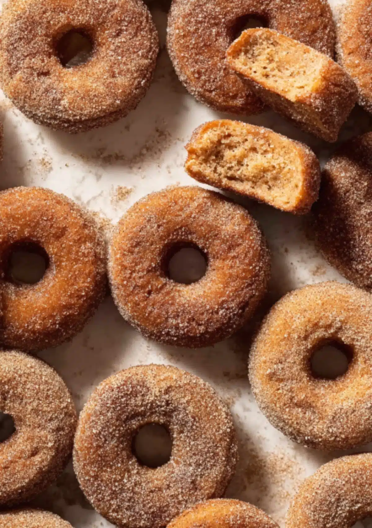 Cinnamon sugar donuts arranged on parchment paper with one cut in half
