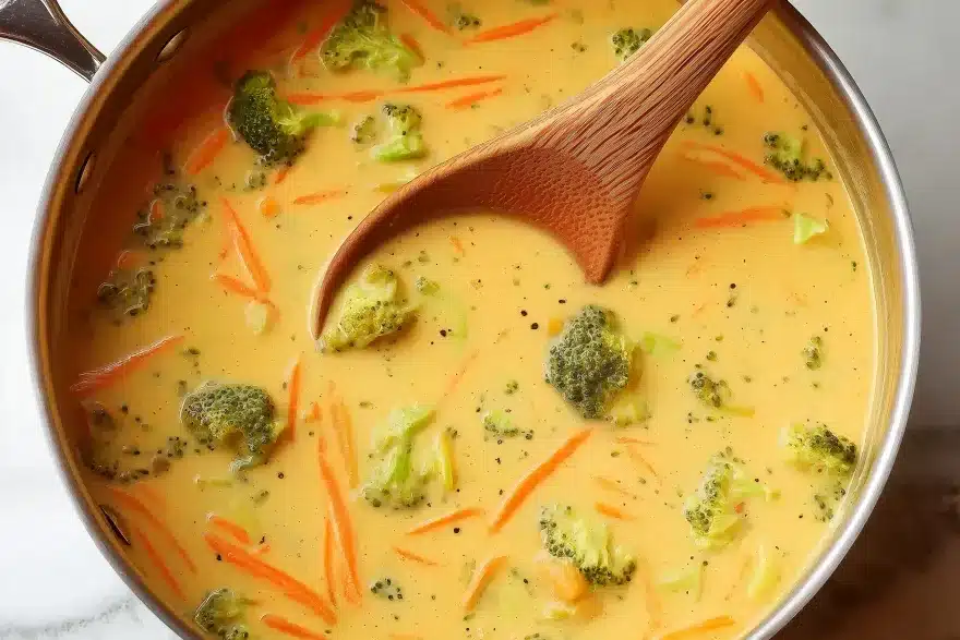 Overhead shot of broccoli cheddar soup in white ceramic bowl garnished with golden croutons, shredded cheddar cheese, and fresh broccoli on marble surface