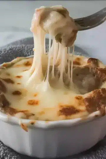 Single serving of French onion soup in white ramekin showing cheese pull with fork, golden-brown broiled cheese crust with caramelized spots