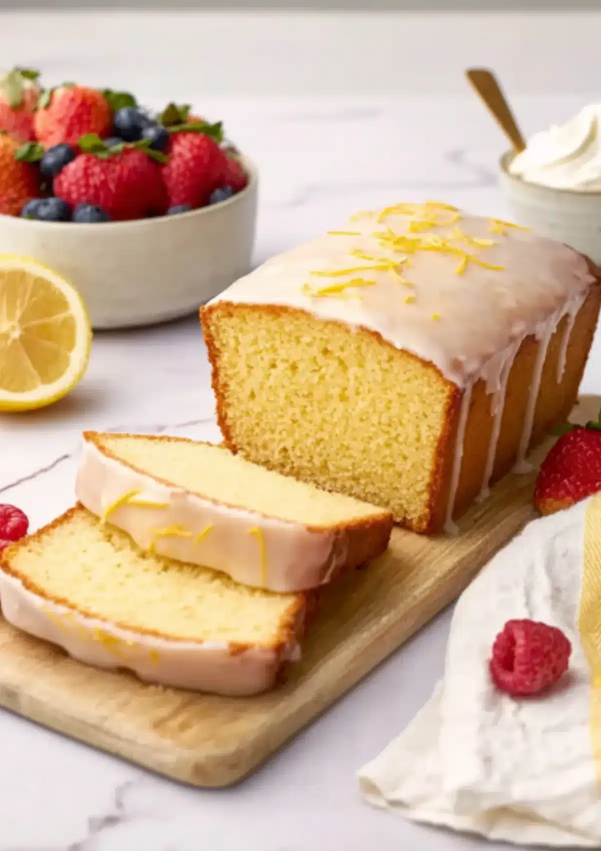 Lemon pound cake with glazed top and sliced pieces, surrounded by raspberries, blueberries, and a cut lemon.