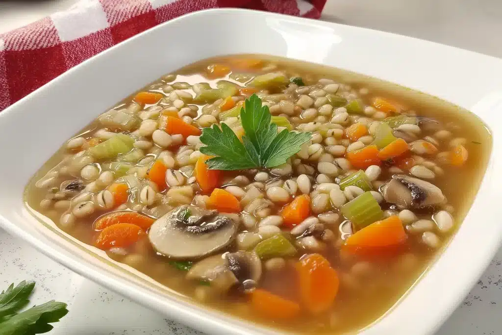 Close-up of mushroom barley soup with visible ingredients including tender barley, bright orange carrots, pale celery pieces, sliced mushrooms, and parsley in savory broth