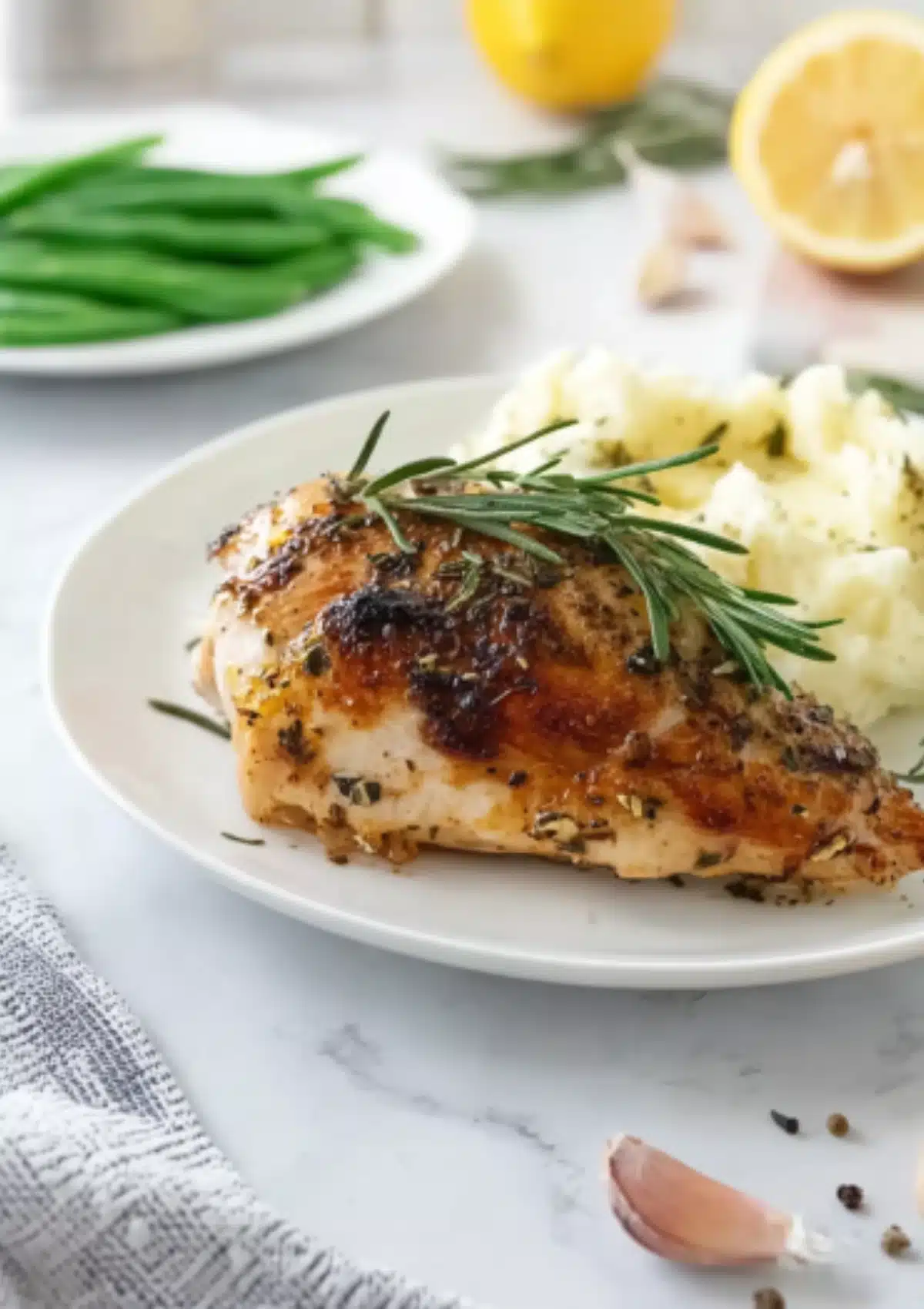 Close-up of seasoned chicken breast with rosemary on plate