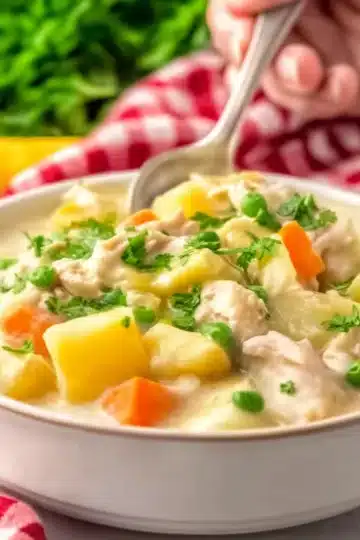 Creamy chicken stew with vegetables being served with spoon, garnished with parsley on red gingham cloth