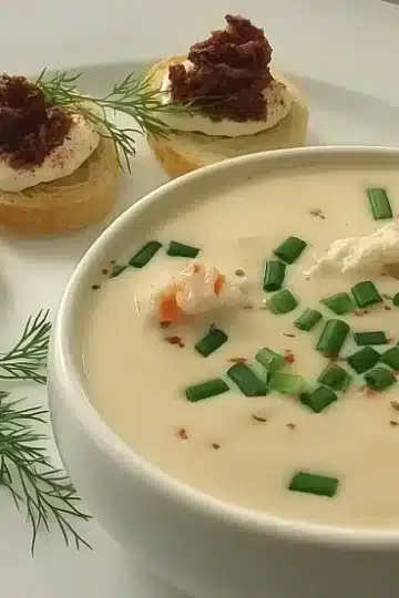 She-crab soup served in white bowl with rich cream broth, generous lump crabmeat pieces, fresh chopped chives, dill garnish, paprika seasoning, accompanied by three crostini with bacon jam and fresh dill on white plate