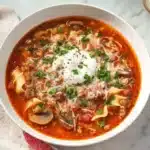 Top-down view of lasagna soup in bowl on marble surface showing tender pasta, ground meat, mushrooms, tomato-based broth, generous ricotta dollop, melted mozzarella cheese, and fresh parsley garnish with red striped towel