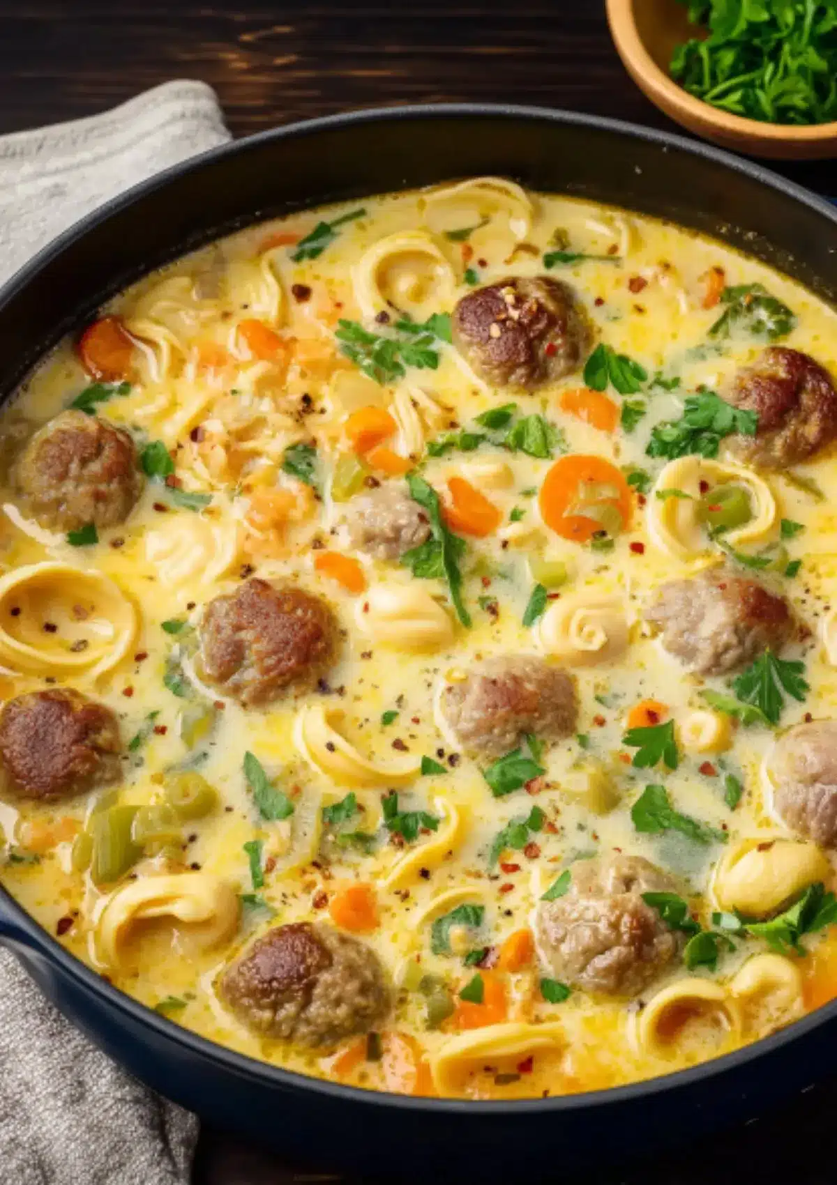 Swedish meatball soup in cast iron skillet with sour cream enriched broth, multiple meatballs, shell pasta, sliced carrots, celery, and fresh parsley on dark wooden surface