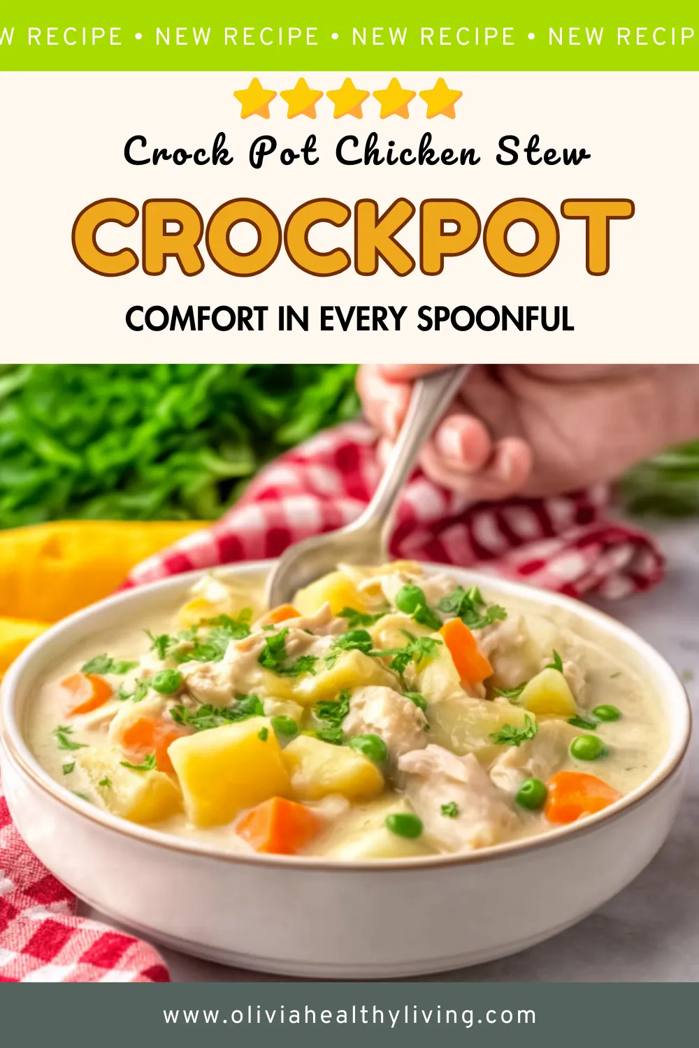 Bowl of creamy crock pot chicken stew with potatoes, carrots, peas, and fresh parsley on red checkered napkin