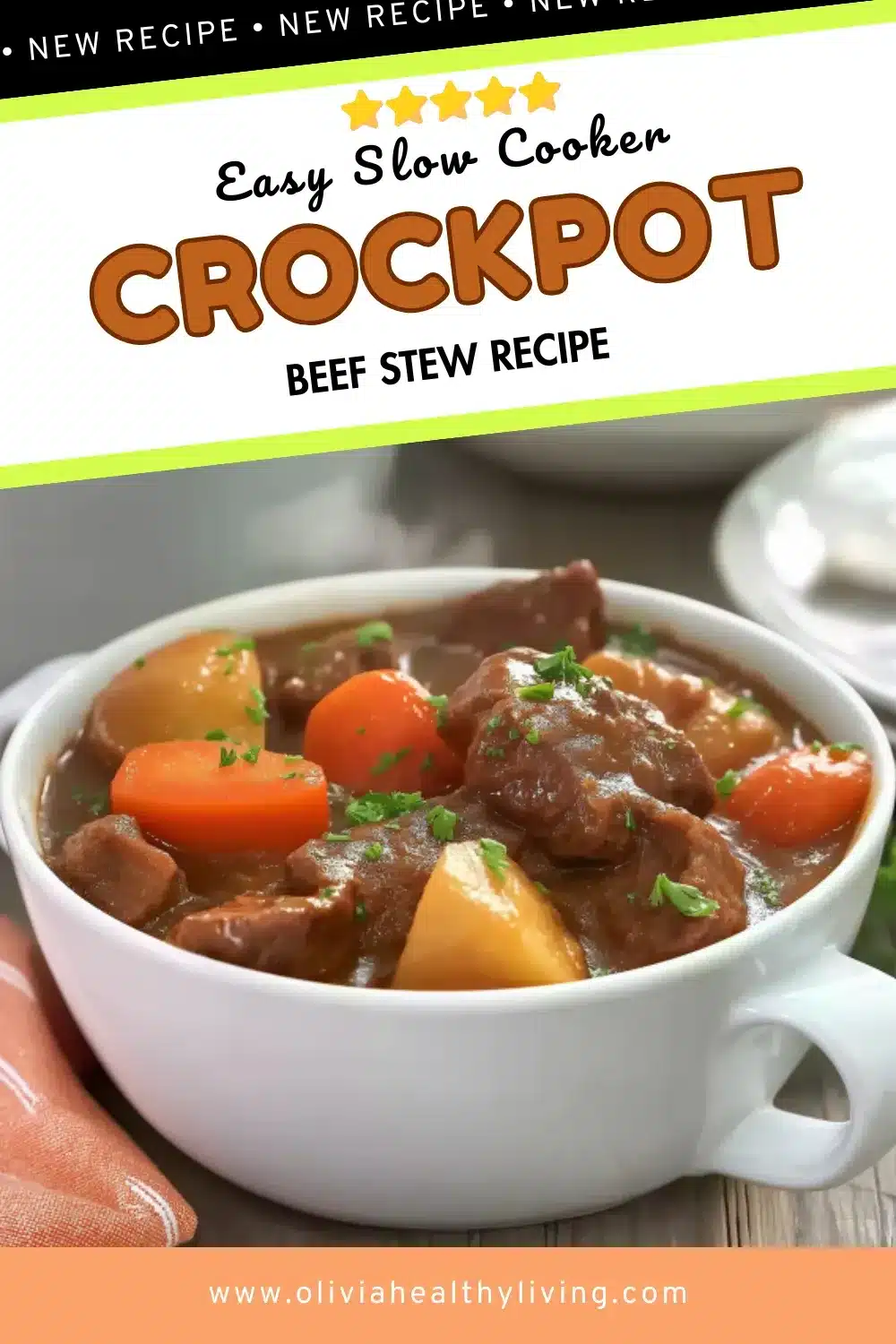 Homemade crockpot beef stew with tender meat, orange carrots, and golden potatoes garnished with fresh parsley in white ceramic bowl with handle