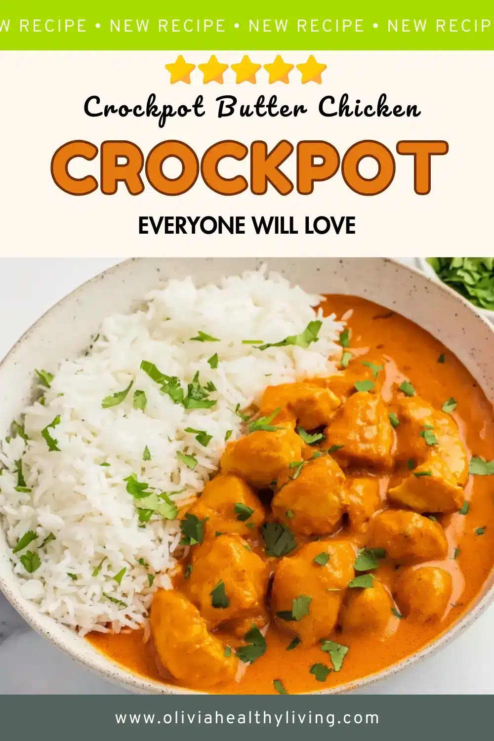 Crockpot Butter Chicken recipe with rice in speckled ceramic bowl, garnished with fresh cilantro on white background - easy slow cooker Indian dinner recipe everyone will love