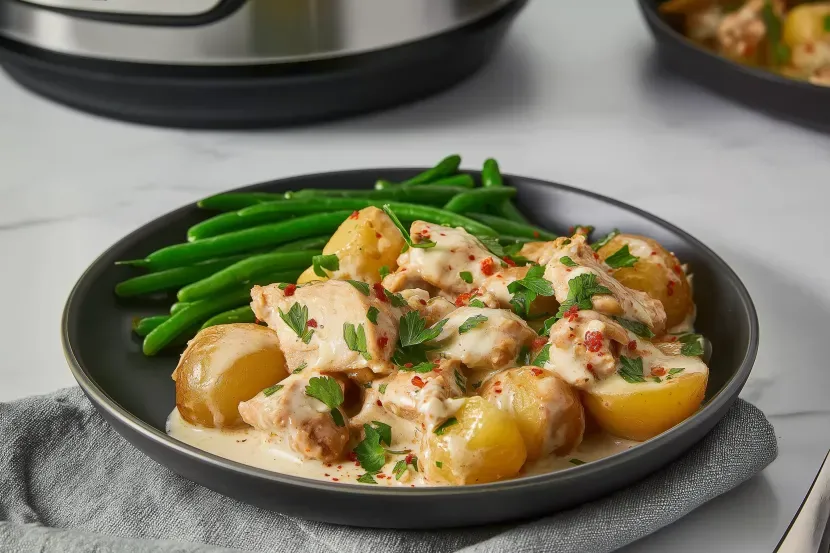 Final plated crockpot chicken and potatoes with creamy parmesan garlic sauce and melted cheese, garnished with parsley and red pepper flakes, accompanied by steamed green beans on a modern dark plate Retry