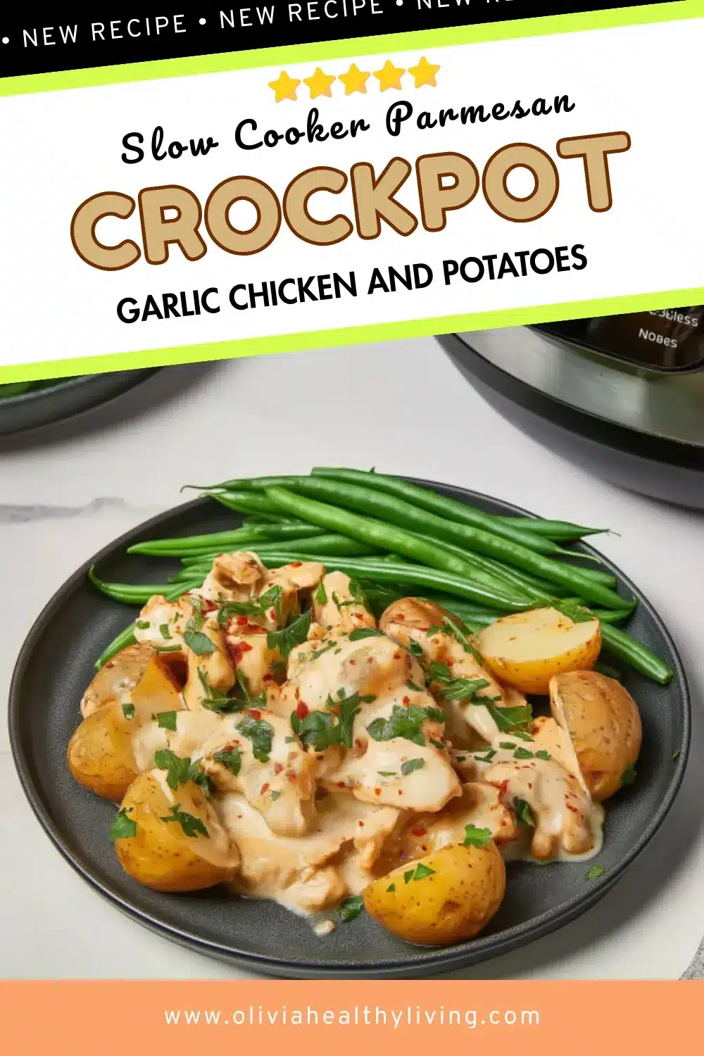 Crockpot Parmesan Garlic Chicken and Potatoes with creamy white sauce, golden baby potatoes, tender chicken pieces, and sautéed green beans on a black plate - Pinterest recipe graphic with diagonal stripe design
