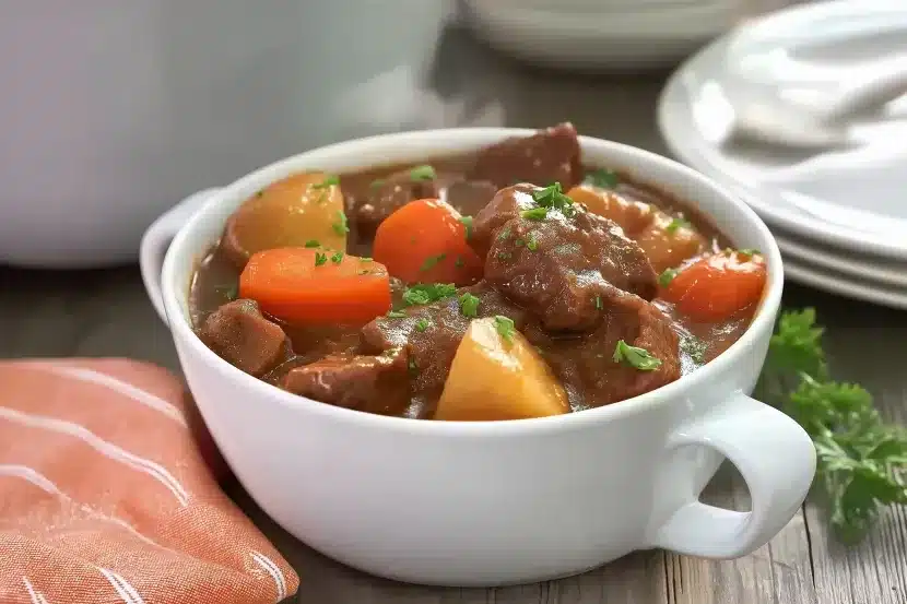 Comfort food beef stew made in crockpot with fork-tender beef, bright orange carrots, and potatoes in thick gravy, served in white soup bowl