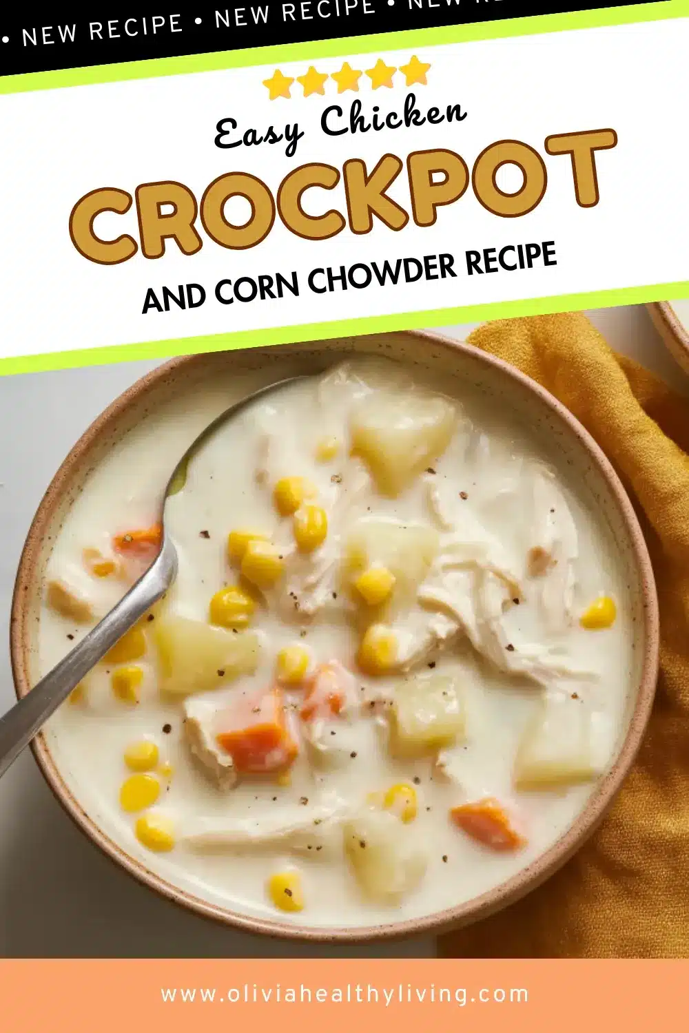 Recipe promotional image for Easy Chicken Crockpot and Corn Chowder with text overlay, displaying hearty chowder with visible corn kernels, shredded chicken, and vegetables in speckled ceramic bowl