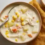 Overhead shot of chicken and corn chowder in rustic bowl with spoon, displaying creamy white soup with shredded chicken breast, yellow corn kernels, potato chunks, and orange carrot pieces