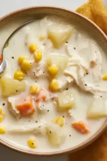 Overhead shot of chicken and corn chowder in rustic bowl with spoon, displaying creamy white soup with shredded chicken breast, yellow corn kernels, potato chunks, and orange carrot pieces