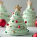 Group of mint green meringue Christmas trees with red, green, and gold ornaments and star toppers surrounded by red Christmas ornaments