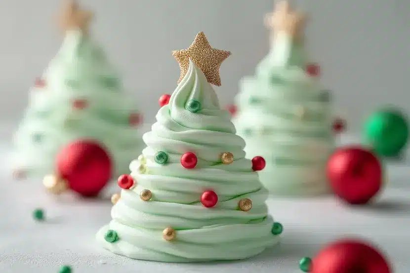 Group of mint green meringue Christmas trees with red, green, and gold ornaments and star toppers surrounded by red Christmas ornaments