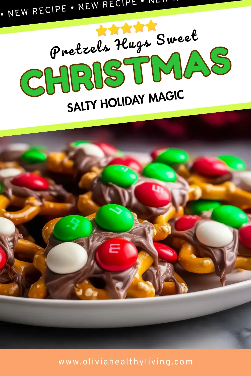 Close-up of Christmas pretzels hugs showing melted Hershey's Hugs chocolate with white swirls topped with colorful red, green, and white M&Ms on golden pretzels