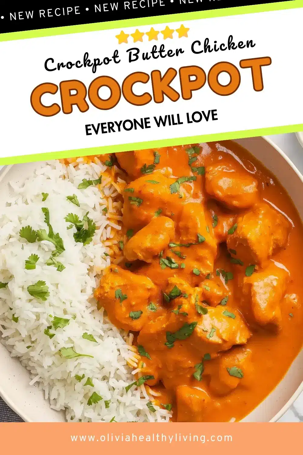 Slow cooker butter chicken with basmati rice and fresh cilantro in cream colored bowl - simple crockpot Indian curry recipe with creamy tomato sauce