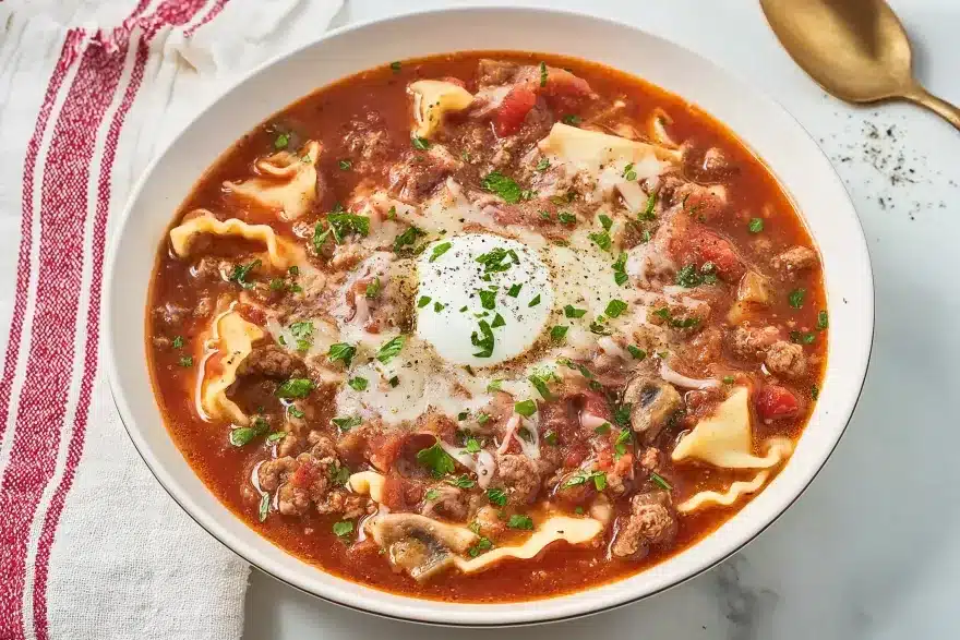 Lasagna soup served in white ceramic bowl with wavy lasagna noodles, Italian sausage or ground beef, rich tomato broth, garnished with ricotta, shredded cheese, and fresh herbs on marble countertop with gold spoon