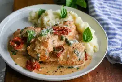 Overhead shot of marry me chicken in rich cream sauce garnished with basil and sun-dried tomatoes served alongside buttery mashed potatoes on rustic wooden table