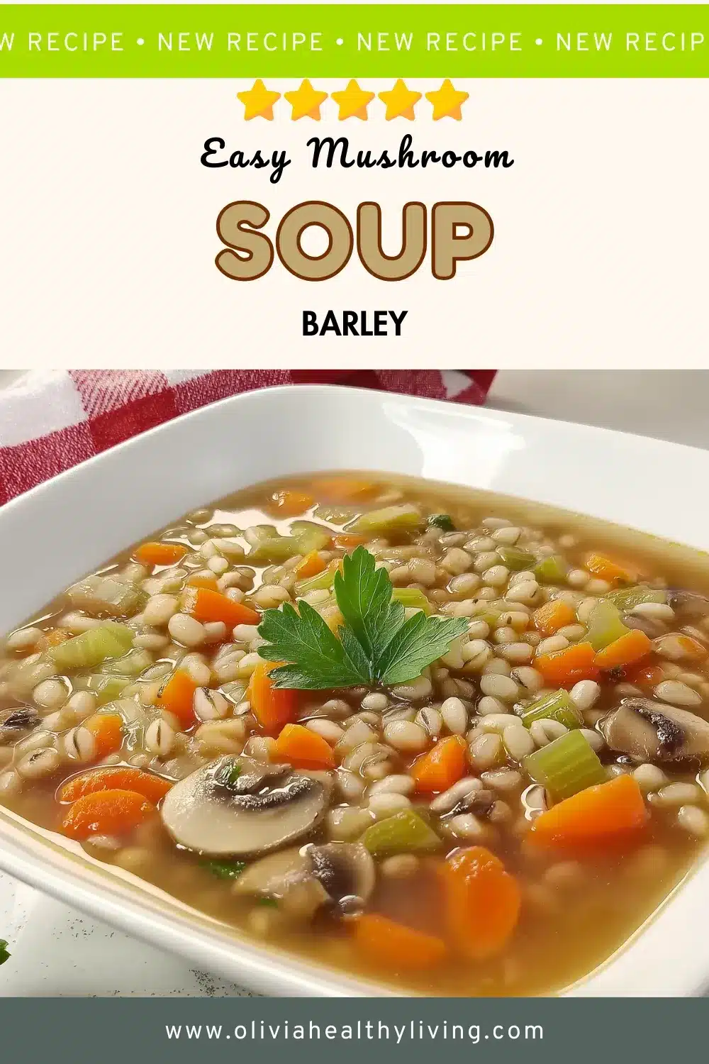 Bowl of easy mushroom barley soup with tender pearl barley, sliced mushrooms, carrots, and celery in golden chicken broth, garnished with fresh parsley in white square bowl